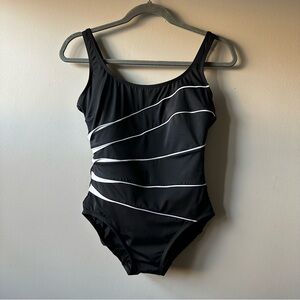 Great Lengths Swim Scoop Neck Black One-Piece Swimsuit White Stripe Retro Size 8